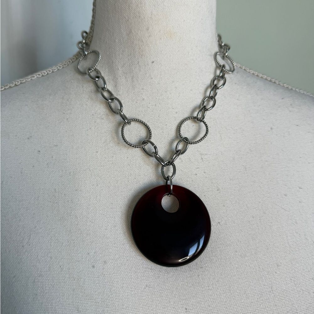 Vintage Silver and Amber Colored Glass Pedant Chic Timeless Necklace